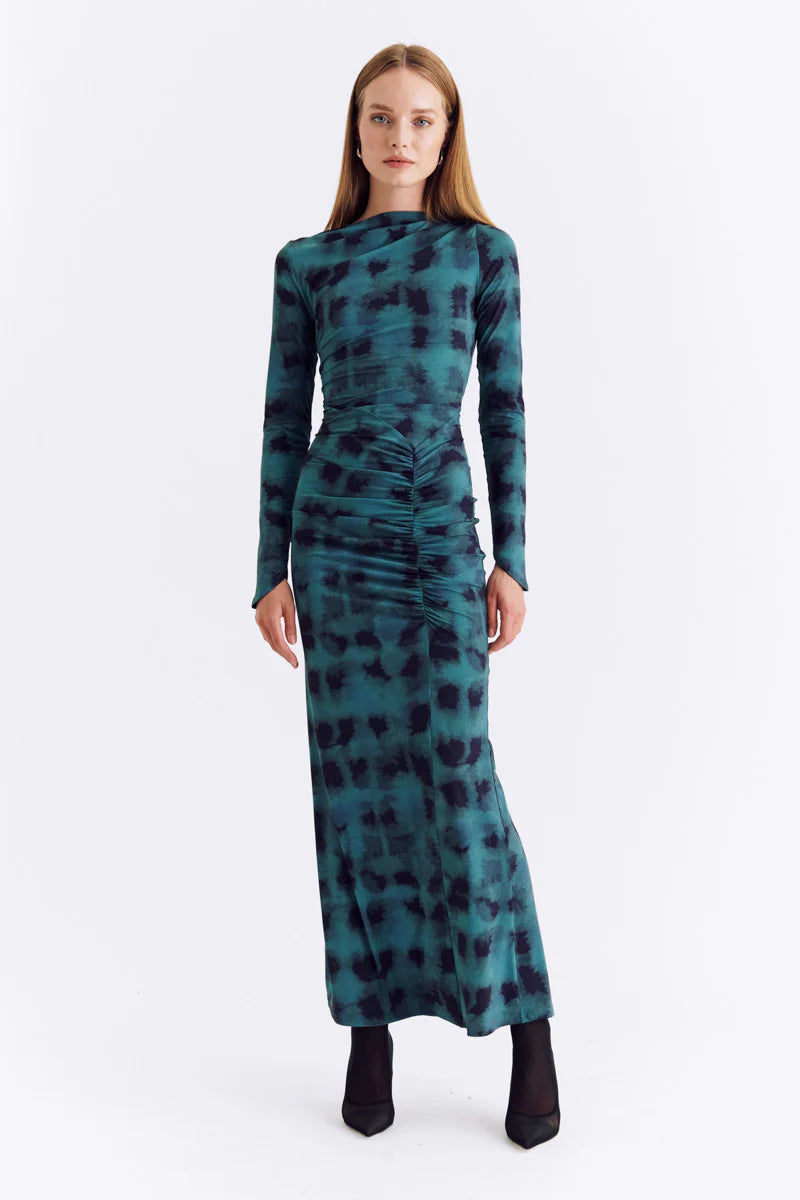 Shibori Long Sleeve Ruched Maxi Dress | Green