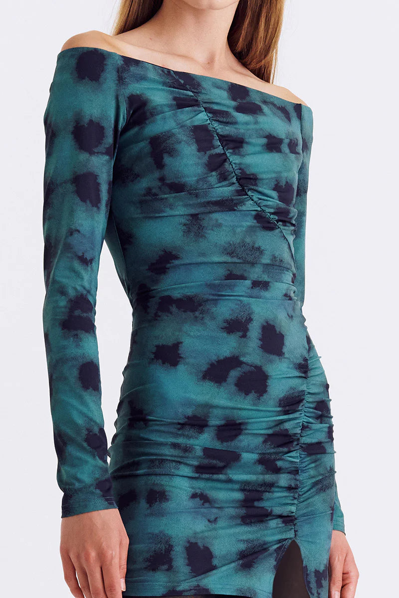 Shibori Long Sleeve Off Shoulder Mini Dress | Green Hunter & Siren Shibori Long Sleeve Off Shoulder Mini Dress | Green Hunter & Siren